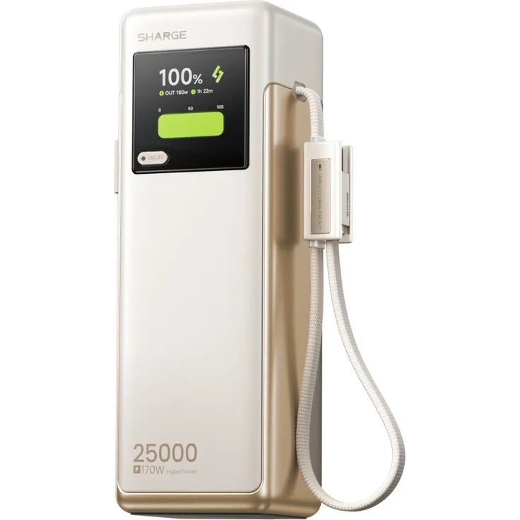 Sharge HyperTower X6, Powerbank 25000mAh, 170W PD QC, weiß, mit smartem Display und vier unabhängigen Ladekanälen