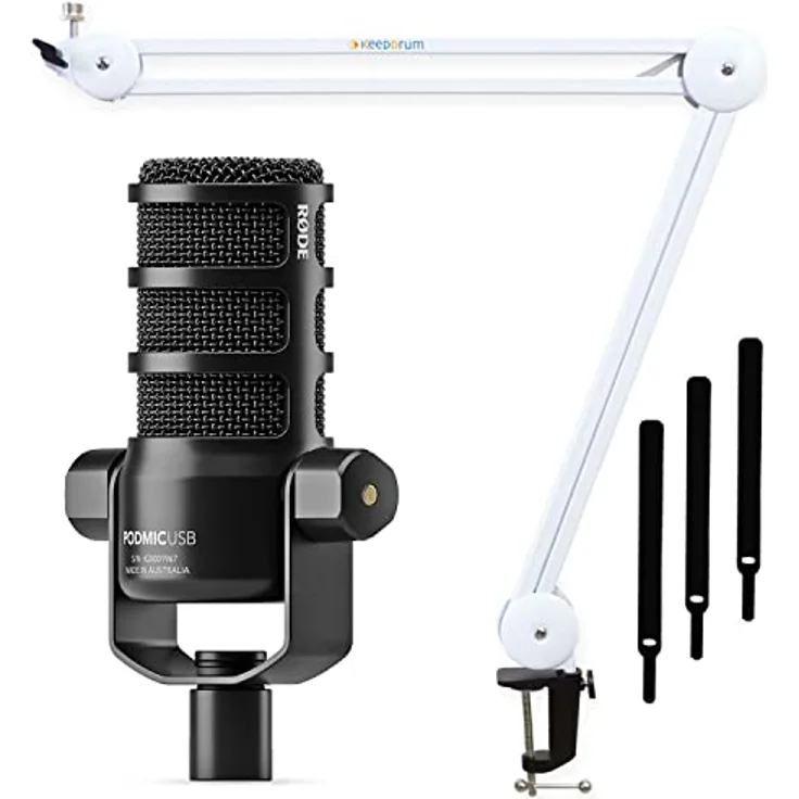 RØDE Podmic USB Sprecher Mikrofon mit XLR und USB-C Anschluss + keepdrum Gelenkarm MS138 Weiss