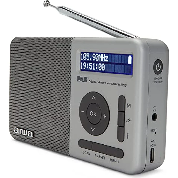 AIWA RD-40DAB/SL: tragbares digitales Radio (Dab/Dab+/FM, eingebauter Lautsprecher, 100 Senderspeicher, Dot Matrix-Display, Kopfhörerbuchse, Dual-Alarm, wiederaufladbarer Akku). Farbe: Silber. – Bild 2