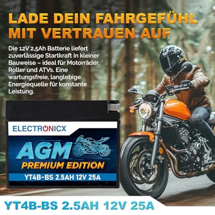Electronicx YT4B-BS AGM Motorradbatterie, wartungsfrei, 2.3Ah 12V, auslaufsicher, rüttelfest für Motorrad, Roller, Moped, Scooter – Bild 2