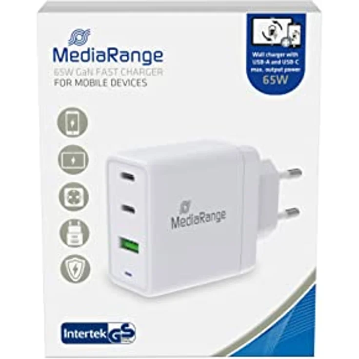 MediaRange 65W GaN Ladeadapter - 3-Port Steckdosen-Ladeadapter mit Schnellladefunktion, 1x USB-A und 2X USB-C Ausgang, kompatibel mit iPhone 13, 12, iPad Pro, AirPods Pro, Galaxy, S22, S21 – Bild 5