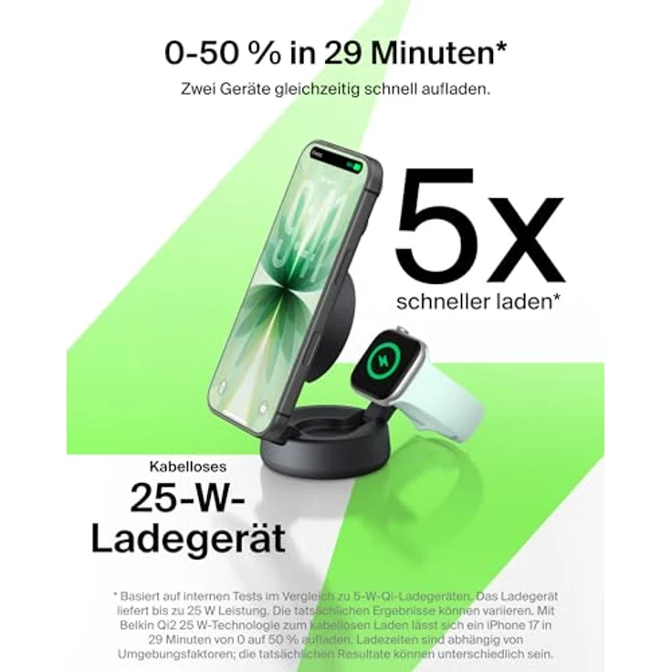 Belkin UltraCharge Pro MagSafe Ladegerät, 2-in-1 Induktive Ladestation mit Qi2.2, 25W Schnellladung für iPhone 17 und Apple Watch Series 10, inkl. 45-W-Netzteil – Schwarz – Bild 2