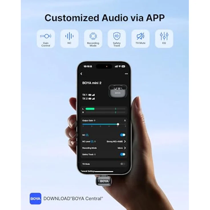Boya Mini 2-01 (Grau), Drahtlos-Mikrofonsystem mit USB-C und Lightning Empfänger, 2x TX, 50m Reichweite, omnidirektionale Kondensatormikrofone, bis zu 5h Akkulaufzeit. – Bild 6