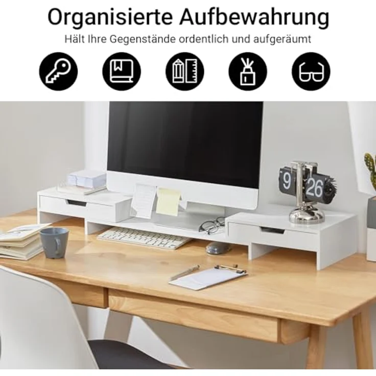 SoBuy Monitor-Halterung BBF04, Design Monitorerhöhung für 2 Monitore in Natur und Weiß, Belastbarkeit bis 25 kg, aus Bambus/MDF – Bild 4