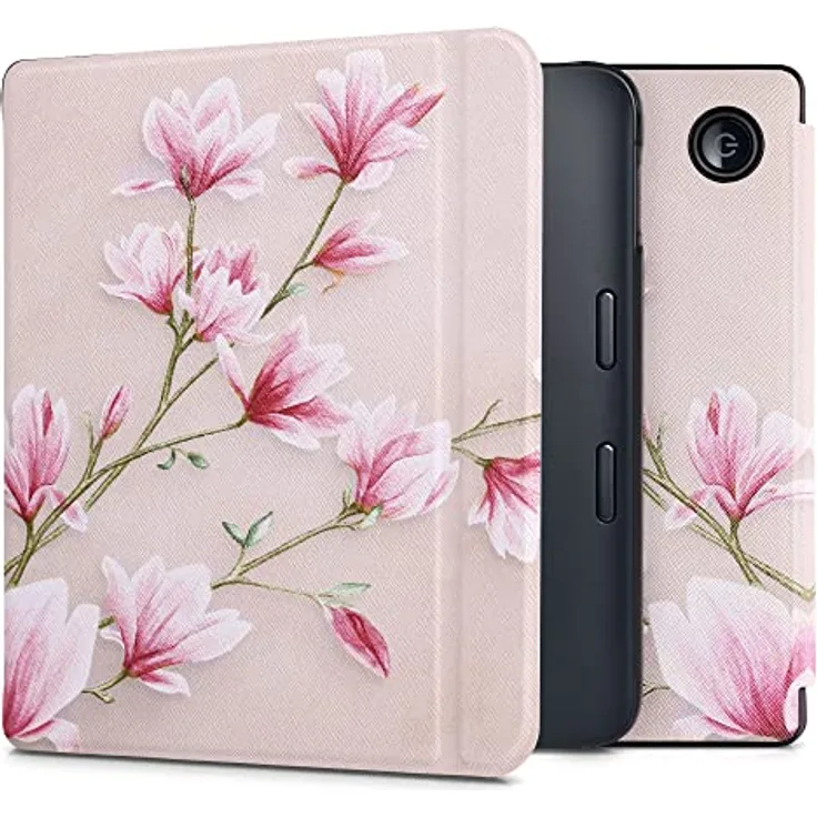 kwmobile Klapphülle kompatibel mit Kobo Libra 2 - eReader Case in Magnolien Rosa Weiß Altrosa mit Magnetverschluss und Kunstlederoberfläche