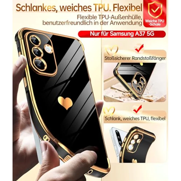 LeYi Handyhülle für Samsung Galaxy A37 5G, TPU Silikon mit Herzmuster, stoßfest und kratzfest, inkl. Schutzfolie, Schwarz – Bild 3