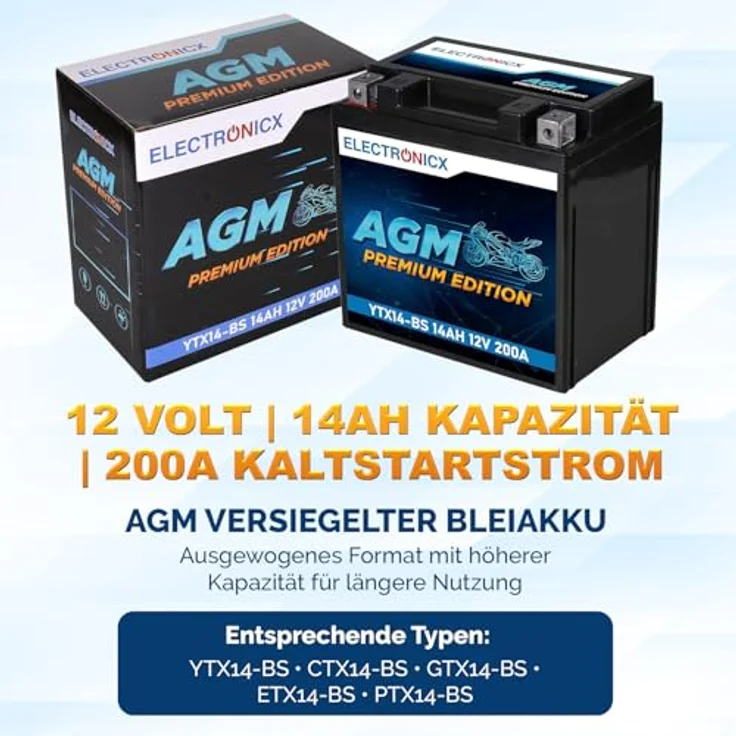 Electronicx YTX14-BS AGM Motorradbatterie 14Ah 12V 210A, wartungsfrei, rüttelfest, auslaufsicher für Motorrad, Roller, Quad und ATV – Bild 5