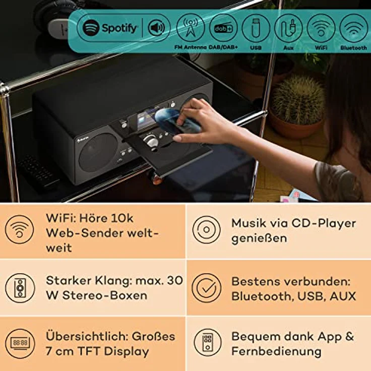 Auna Tragbares DAB Radio mit CD Player, Bluetooth, TFT Display, Klein - Küchenradio mit MP3, Digitalradio, Wecker und Fernbedienung – Bild 2