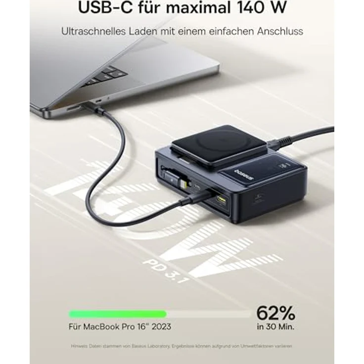 Baseus NOMOS 5 in 1 Ladestation, 140 W USB-C Ladegerät mit 15 W Qi2.0 MagSafe Ladegerät, Typ C Einziehbares Kabel, 2*USB-C & 1*USB-A Schlüsse und Digitale Anzeige, für iPhone 16/15, MacBook & Surface – Bild 4