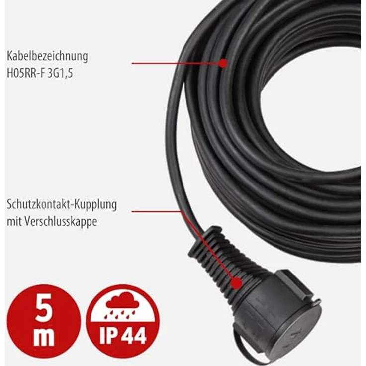 Brennenstuhl Qualitäts-Gummi-Verlängerungskabel (5m Kabel, für den kurzfristigen Einsatz im Außenbereich IP44) schwarz – Bild 2