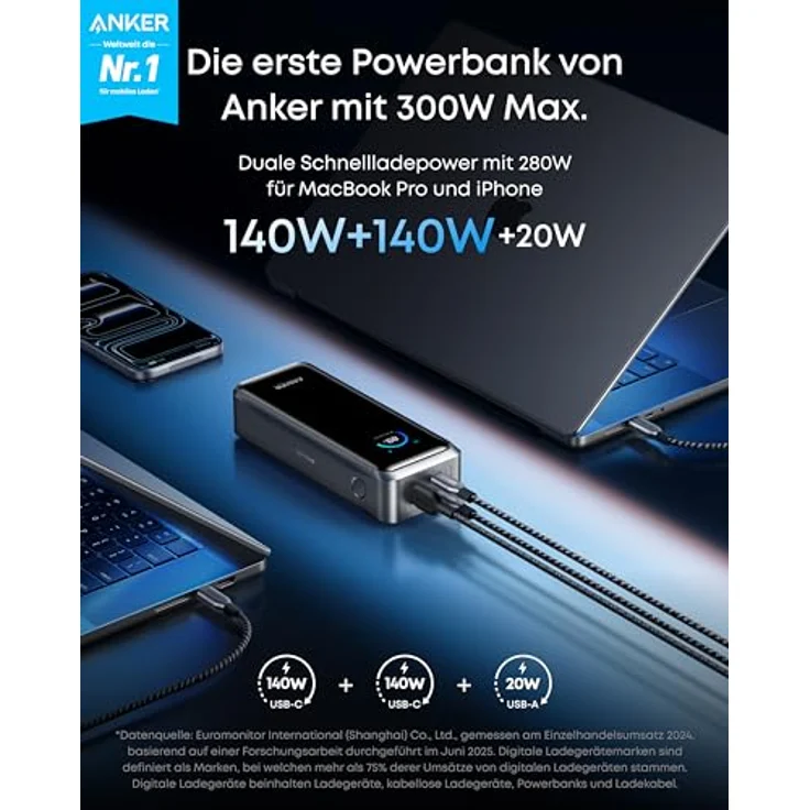 Anker Prime Powerbank 26250mAh, tragbares Ladegerät mit 300W Ausgang, 3 Ports, bidirektionales Laden, App-Steuerung, TSA-zugelassen für MacBook und iPhone 16/17-Serie – Bild 2