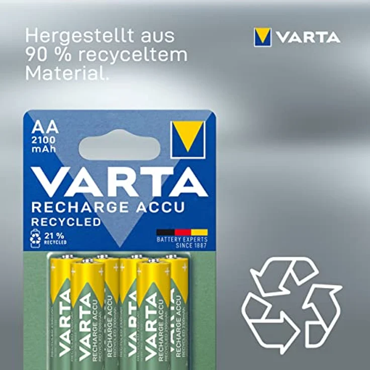 VARTA Batterien AA, wiederaufladbar, 6 Stück, Recharge Accu Recycled, Akku, 2100 mAh Ni-Mh, aus 21% recyceltem Material, vorgeladen, sofort einsatzbereit – Bild 4