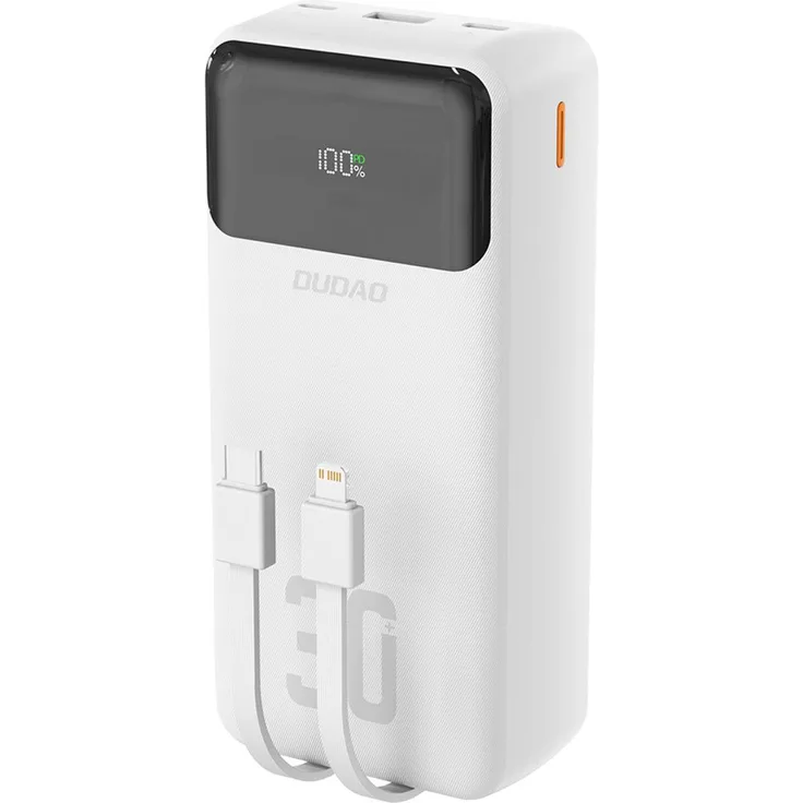 Dudao K15Max Powerbank 30000mAh, Schnellladefunktion 22,5W, integrierte USB-C- und Lightning-Kabel, Weiß