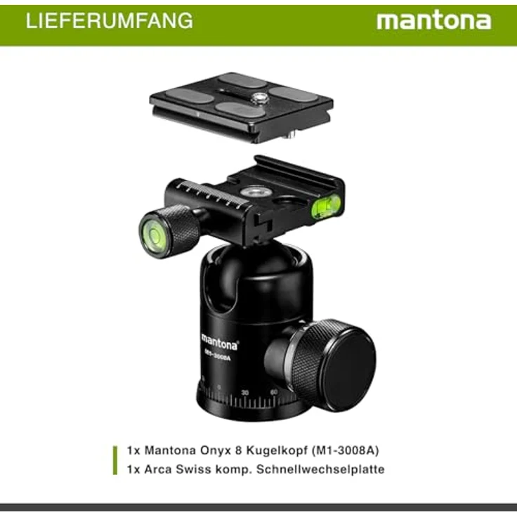 Mantona Onyx 8 Kugelkopf (M1-3008A) Arca-Swiss kompatible Schnellwechselplatte 50 mm, professionelle Verarbeitung für DSLR, spiegellose Kamera, Systemkamera, Digitalkamera, Camcorder schwarz – Bild 5