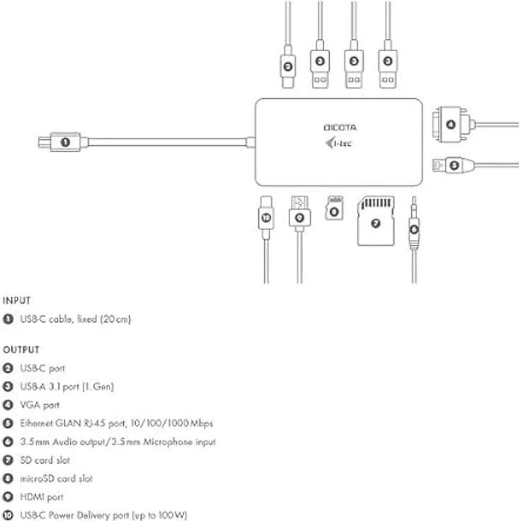 Dicota USB-C Portable 10-in-1 Docking Station, HDMI/PD 100W, Metallgehäuse mit USB-C-Kabel und LAN-Anschluss – Bild 11