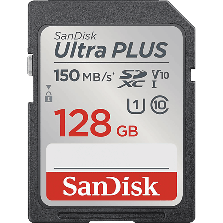 SanDisk Plus SDXC™-UHS-I-Karte, 128 GB Speicherkarte mit 150 MB/s Lesegeschwindigkeit, wasserdicht und stoßfest