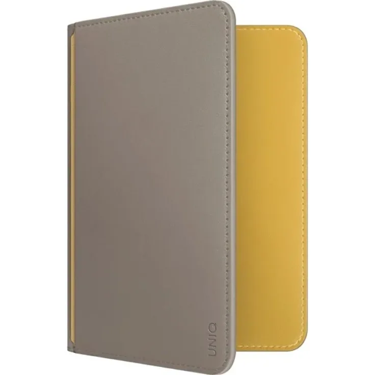 UNIQ Belmont Passport Case mit RFID-Schutz - grau/gelb, für 3 Karten und Reisepass, aus veganem Leder