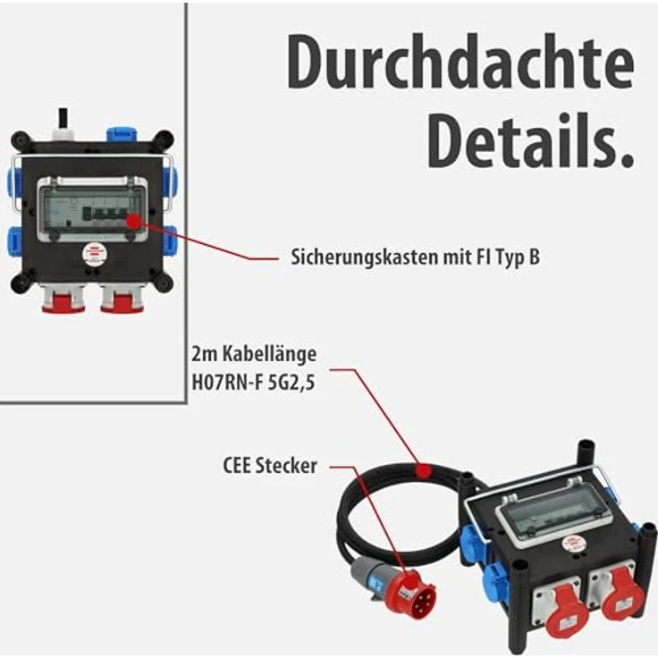Brennenstuhl Kompakter Gummi-Baustromverteiler BSV 3 IP44 mit FI-Schutzschalter Typ B, 2X CEE 400V/16A, 5X 230V/16A, 2m ölbeständiges RN-Kabel, Made in Germany – Bild 4