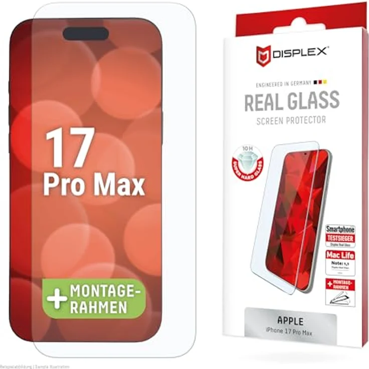 Displex Schutzglas 2D Clear (10H) für iPhone Pro 17 Max, gehärtetes Glas mit Eco-Montagerahmen, kratzresistent und hüllenfreundlich – Bild 1