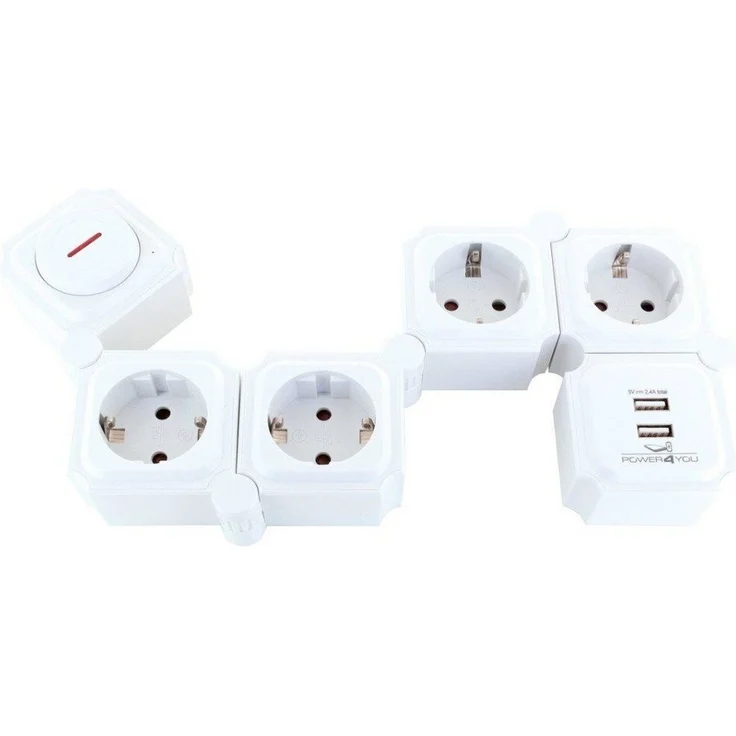 Schwaiger Flexible Steckdosenleiste 4-F weiß, Steckdosenleiste mit flexiblen Modulen und USB Anschluss