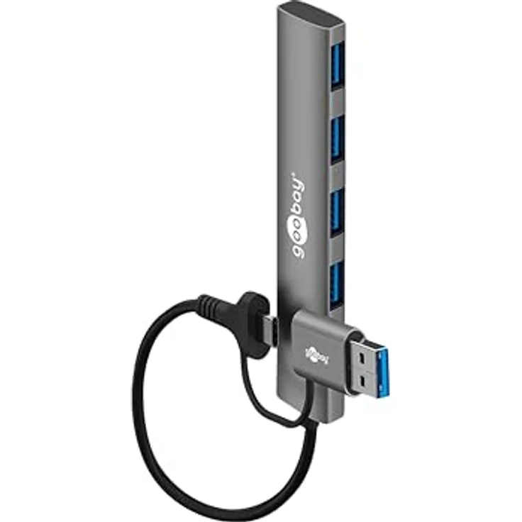 goobay USB C Hub 2 in 1 Aluminium, 4x USB-A und USB-C Splitter mit 5 Gbit/s, kompatibel mit MacBook/iPad/Laptop - Modell 79149