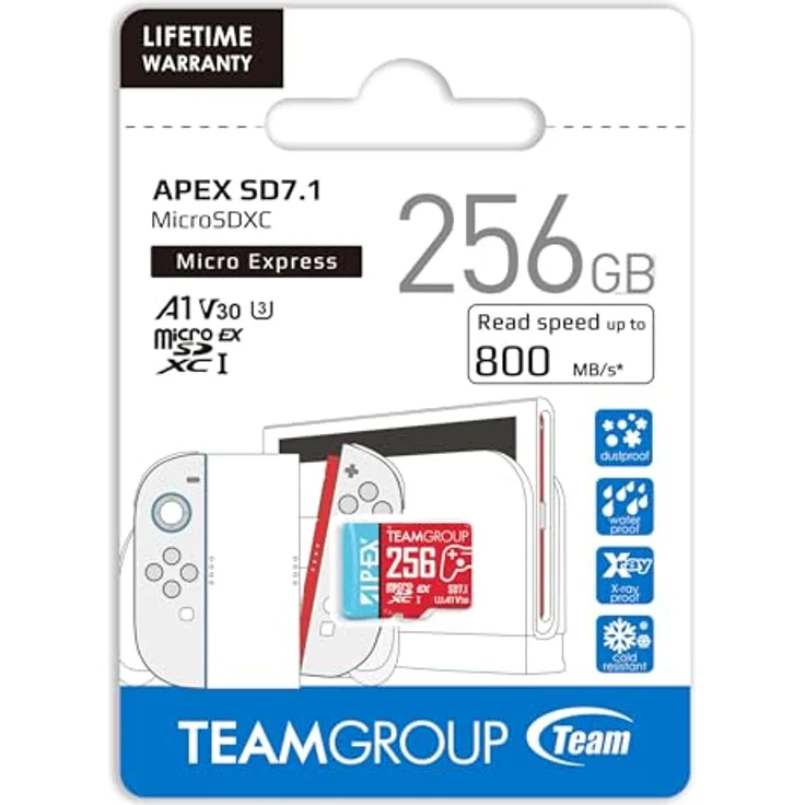 Team Group APEX SD7.1 256 GB SDXC, MicroSD Express, 800 MB/s Lesegeschwindigkeit, rot/blau, wasserfest und stoßfest – Bild 7