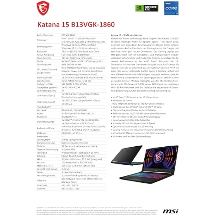 MSI Cyborg 15 Gaming-Laptop A13VF-862, 15,6" Full HD 144Hz, Intel Core i7-13620H, NVIDIA GeForce RTX 4060, 16GB RAM, 512GB SSD, Windows 11 Home, Schwarz, inkl. 1 Monat GamePass – Bild 5