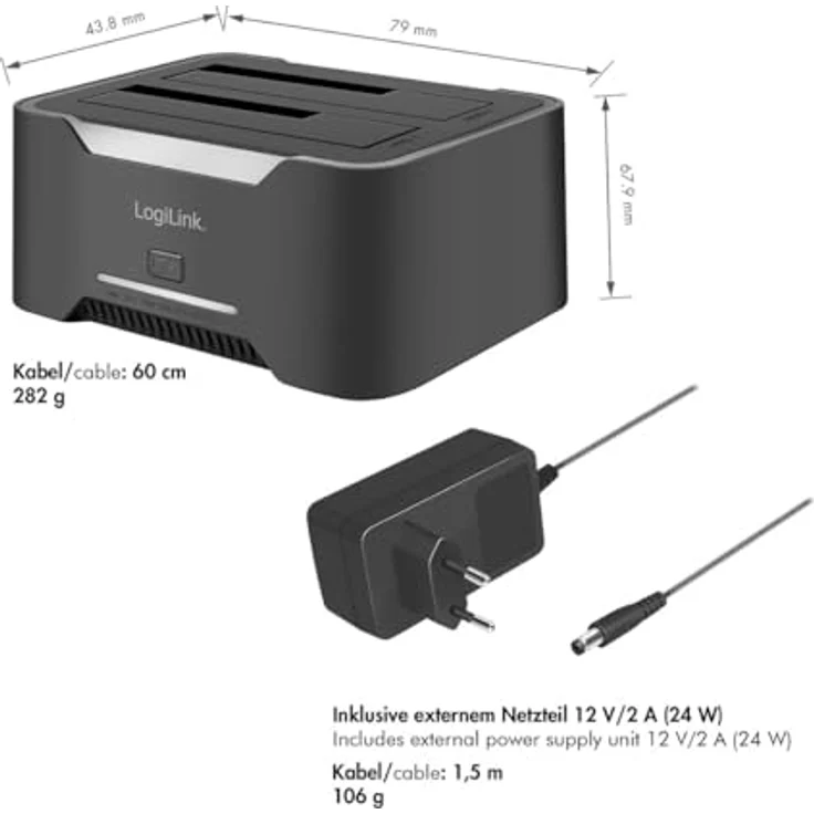 LogiLink 2-Port Dual-Dockingstation, USB-C 3.2 Gen1 für 2.5" & 3.5" Festplatten, Offline-Clonefunktion, 5 GBit/s Datenübertragung, geeignet für bis zu 10 TB pro Slot – Bild 5