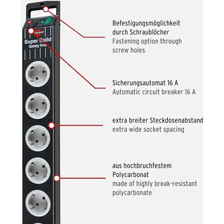 Brennenstuhl Super-Solid, Steckdosenleiste 8-fach (2,5m Kabel und Schalter - aus bruchfestem Polycarbonat) schwarz-grau – Bild 3