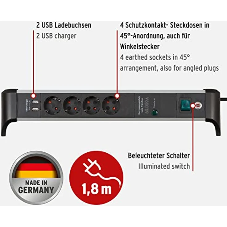 Brennenstuhl Alu-Office-Line Steckdosenleiste 4-Fach mit USB und Überspannungsschutz (Mehrfachsteckdose mit Schalter, 1,8m Kabel, 2-Fach USB 3,1 A, Made in Germany) – Bild 2