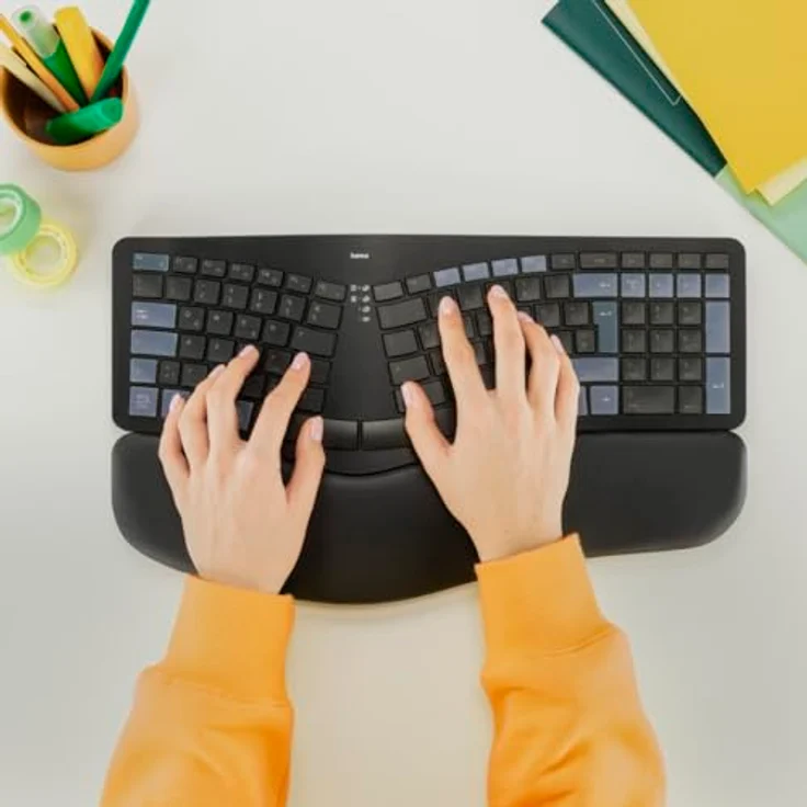 Hama WK-900 Ergo Multi-Device-Tastatur kabellos schwarz, ergonomisch geformt, dimmbare Hintergrundbeleuchtung, gepolsterte Handballenauflage – Bild 2