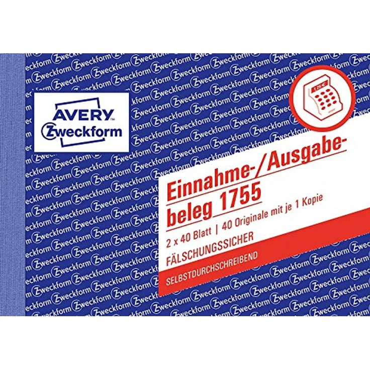Avery Zweckform Formularblock '1755', DIN A6 quer, 40 vorgedruckte Seiten, Einnahme-/Ausgabe mit Durchschlag, weiß/gelb