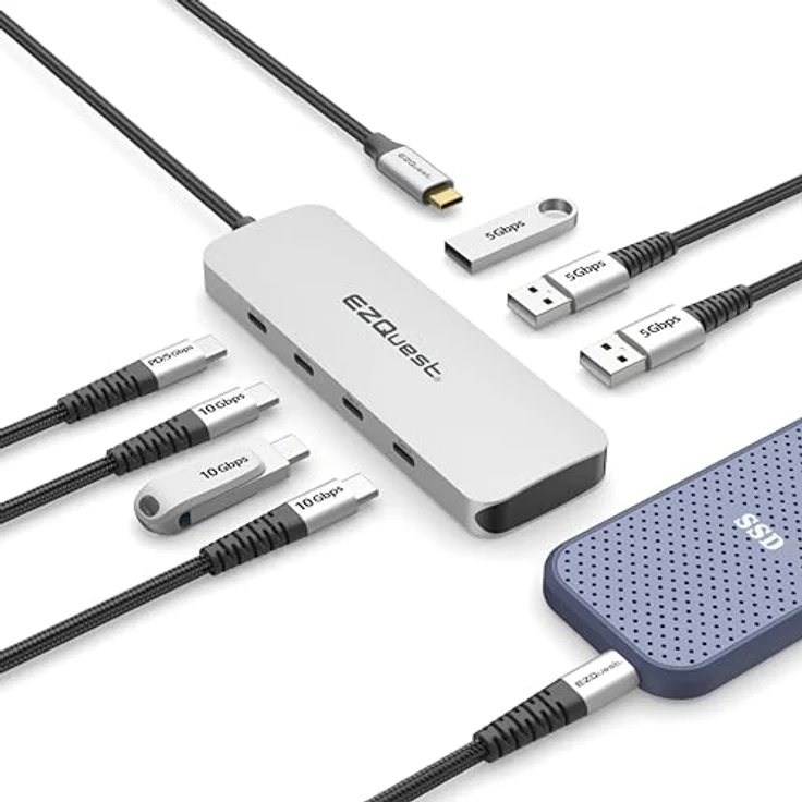 EZQuest USB-C Gen 2 Hub Adapter 7-Anschlüsse - Schwarz, 3X USB-C 10Gbs Gen 2, 3X USB 3.0 5Gbs Ports und 1x USB-C Stromversorgung 3.0 mit 5Gbs Daten – Bild 1