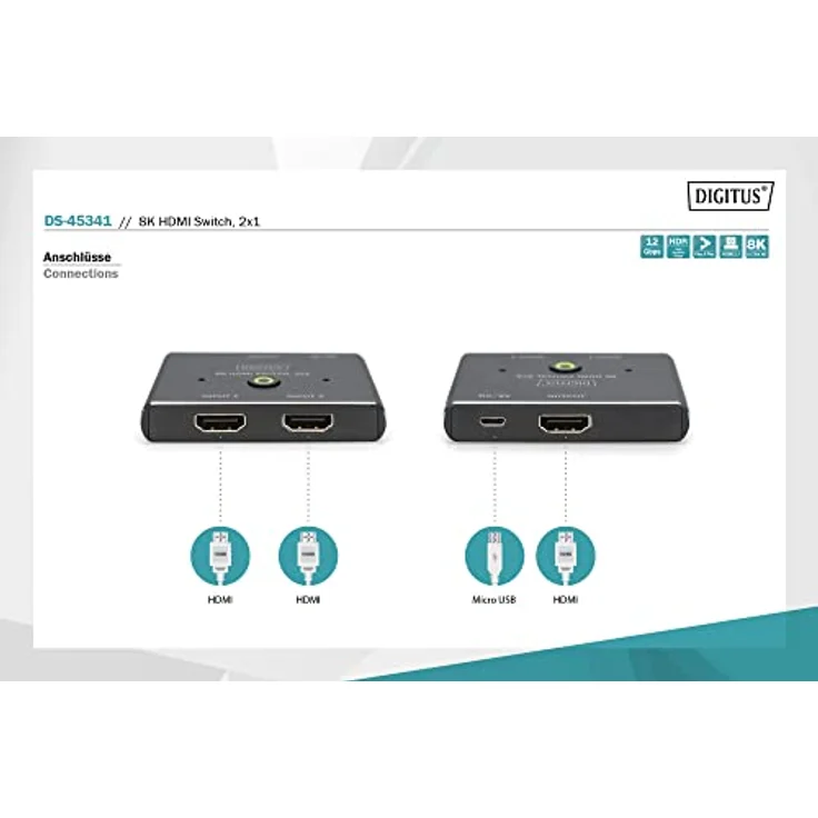 DIGITUS 8K 60Hz HDMI Switch, 1x HDMI-Output, 1x Micro-USB-Output, LED Anzeige – Bild 2
