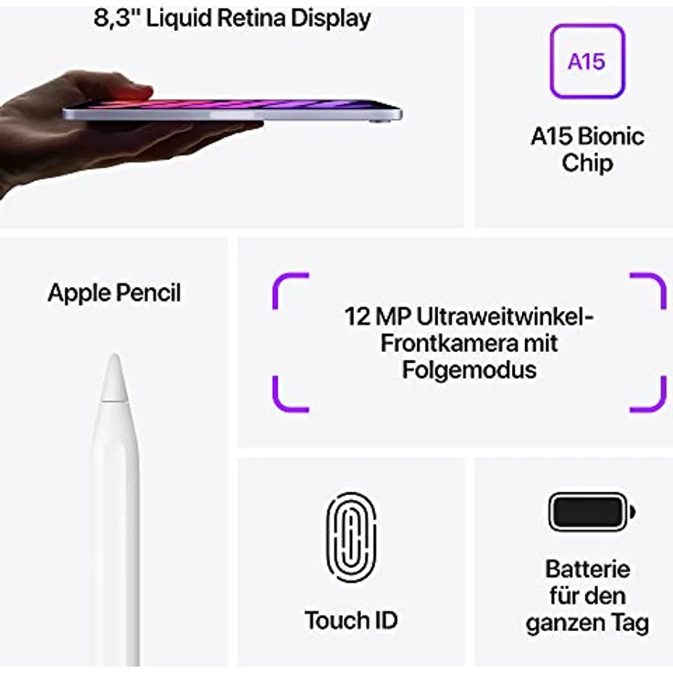 Apple iPad mini (2021) WiFi Quad-HD-Auflösung 8,3 Zoll, WiFi-Tablet, Hexa-Core A15 Bionic Chip, 256 GB Speicher, iPadOS, Polarstern (MK7V3FD/A) – Bild 5