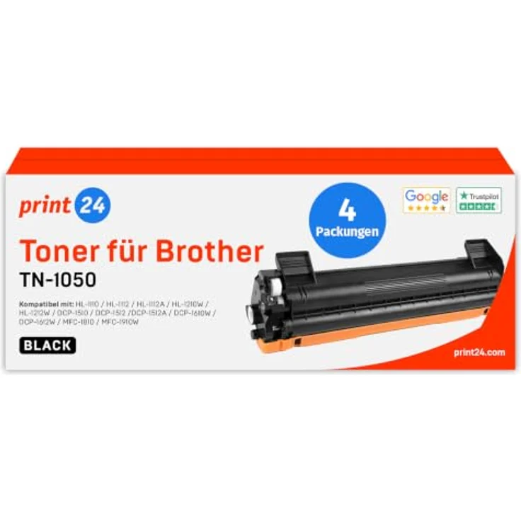 print24 Toner für Brother TN1050, 4 Stück Schwarz, kompatibel mit DCP 1510, HL 1110, MFC 1810 u.v.m. – Bild 1