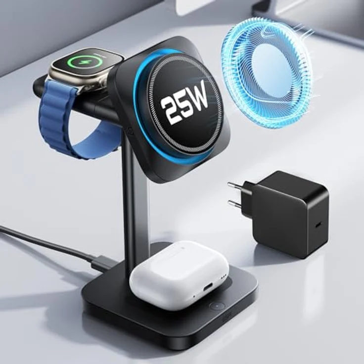 ESR 3 in 1 Ladestation für Apple Watch und iPhone, Qi2.2 25W Induktive Ladestation mit CryoBoost und MagSafe für iPhone 17/16/15/14/13/12, Schwarz, inkl. 65W Adapter – Bild 1