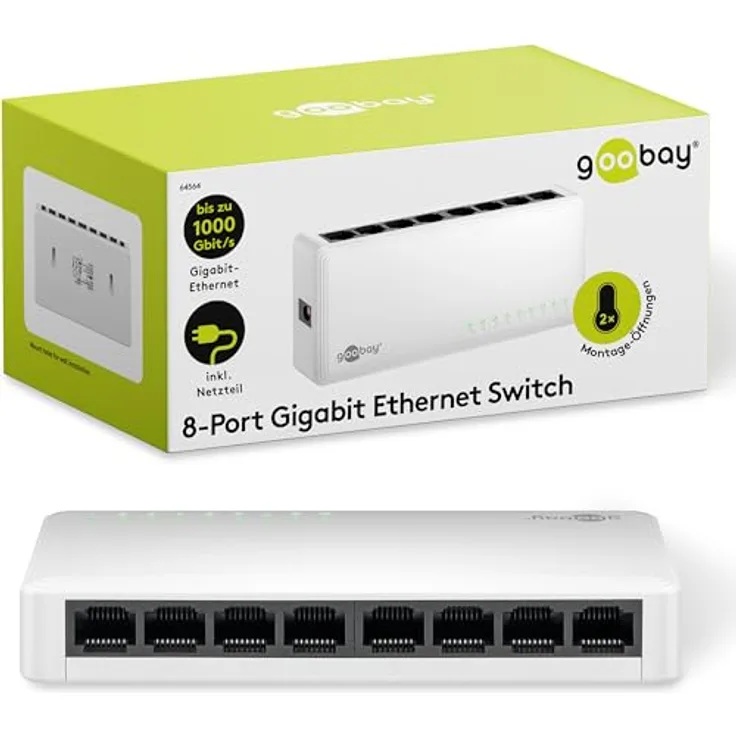 goobay 64564 Gigabit Ethernet Netzwerk Switch 8 Port / Lüfterloses Design / max. 1000 Mbit/s / Plug & Play / Optimierter Datenverteiler / Weiß