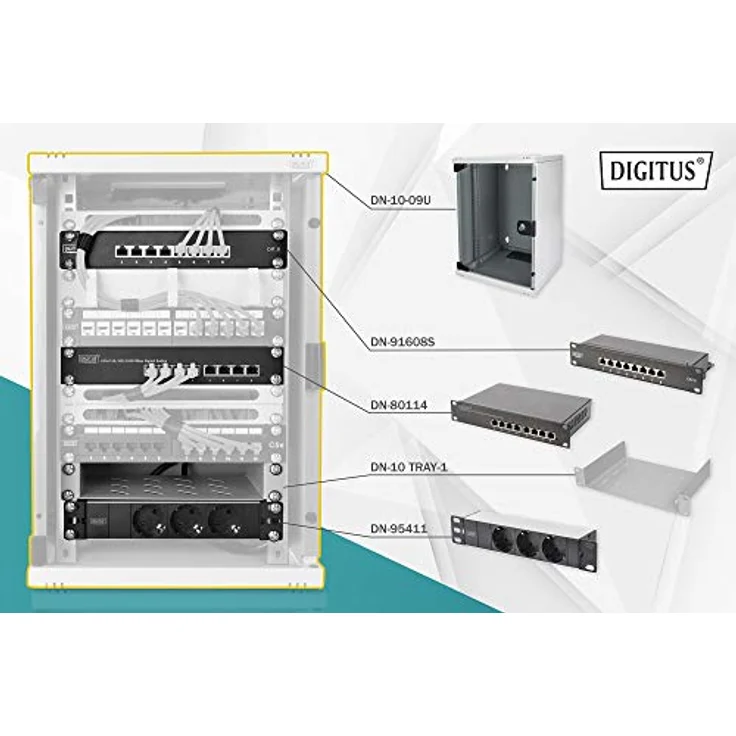 DIGITUS 10-Zoll Set - Netzwerk-Schrank 9HE - Fachboden - Steckdosenleiste - 8-Port Patch-Panel - 8-Port Gigabit-Switch – Bild 2