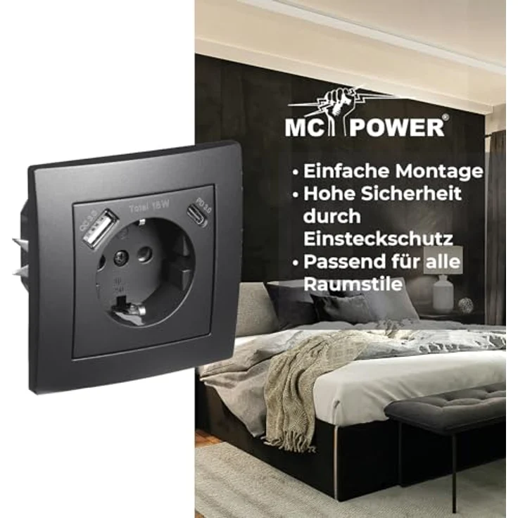 McPower Unterputz Steckdose mit 1x USB-C - 18W Quickcharge + 1x USB-A | FLAIR | 250V~/16A, matt Schwarz – Bild 4