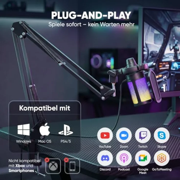 FIFINE Gaming Mikrofon PC, USB Typ A/C mit Stummschalttaste, RGB-Beleuchtung, für Podcast und Streaming, kompatibel mit MAC, PS4, PS5 – Bild 5
