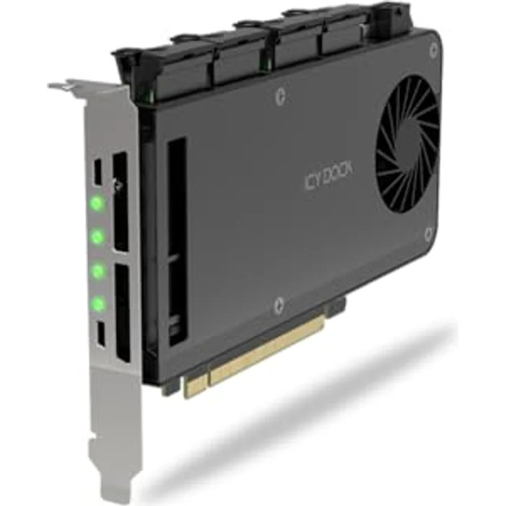 ICY DOCK 4-Bay M.2 NVMe SSD zu PCIe 5.0 x16 Wechselrahmen-Gehäuse/Adapterkarte für PCIe Erweiterungsslot (PCIe Bifurcation nötig) - ExpressSlot Slide MB204MP-B, 4x M.2 PCIe NVMe SSD Aufnahme, werkzeuglose Installation, Lüfter mit Ein/Aus-Schalter, ICY DOCK. – Bild 4