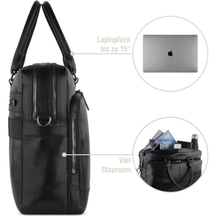 bugatti Romano Aktentasche groß, 15" Laptopfach, hochwertiges Rindleder, Schwarz, mit perfekter Organisation und Schultergurt – Bild 3