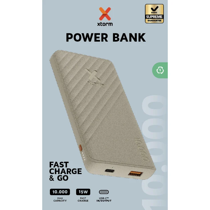 Xtorm 15W Fast Charge Go2 Powerbank 10.000mAh mit USB-A & USB-C Anschlüssen, schlankes und kompaktes Design für unterwegs