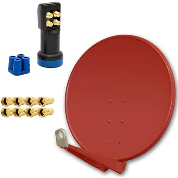 PremiumX DELUXE SAT Anlage 100cm Satellitenantenne Aluminium Ziegelrot mit LED Quad LNB, für bis zu 4 TV Receiver, inkl. 8x F-Stecker – Bild 1