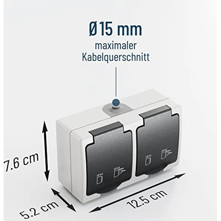 greate 3x Feuchtraum Steckdose Aufputz 2fach - Doppelsteckdose Aufputz mit Klappdeckel IP44, 250V, 16A, 2 polig - Aufputzsteckdose 2fach, Feuchtraumsteckdosen Aufputz, Steckdose Aussenbereich - 3er Pack, grau – Bild 4