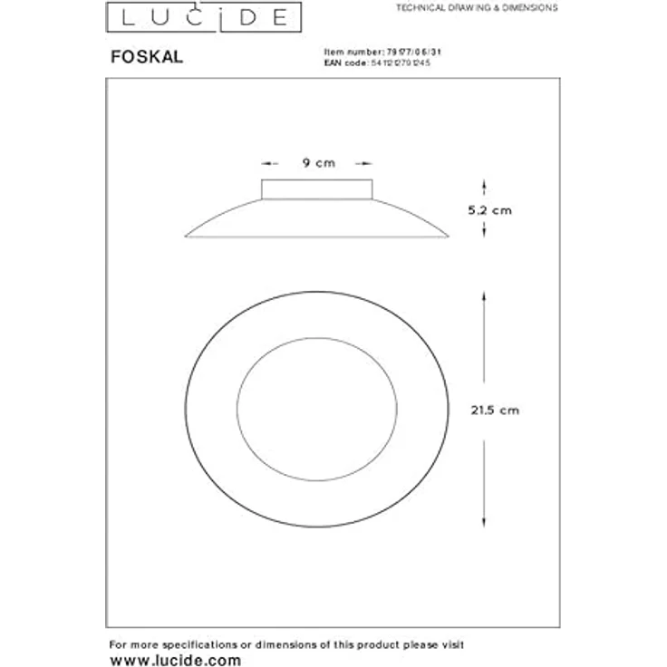 LUCIDE FOSKAL Deckenleuchte Ø 21,5 cm LED 1x6W 2700K Weiß - Smarte Deckenbeleuchtung mit warmweißem Licht – Bild 5