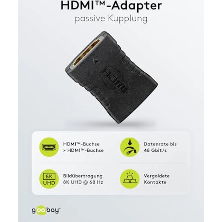 goobay 65743 HDMI Verbindung Adapter/Buchse auf Buchse 8k@60Hz / Kupplung mit HDMI 2.1 UHD 4k@120Hz für Laptop, Fernseher, Monitor, PC – Bild 2