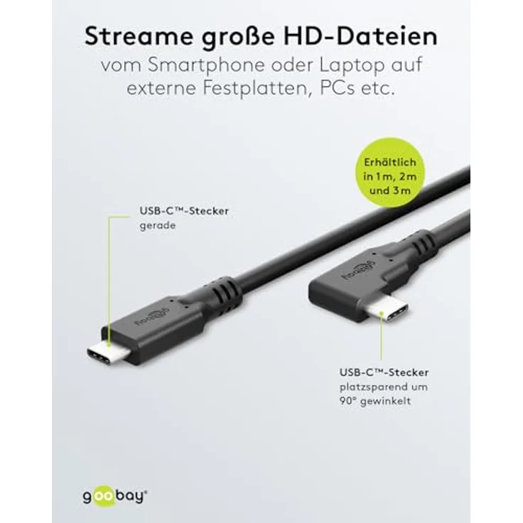 goobay USB-C Kabel 3.2/90° - 3m schwarz, 60W Power Delivery, 5 Gbit/s superschnelle Datenübertragung, kompatibel mit Thunderbolt 3 & 4 – Bild 3
