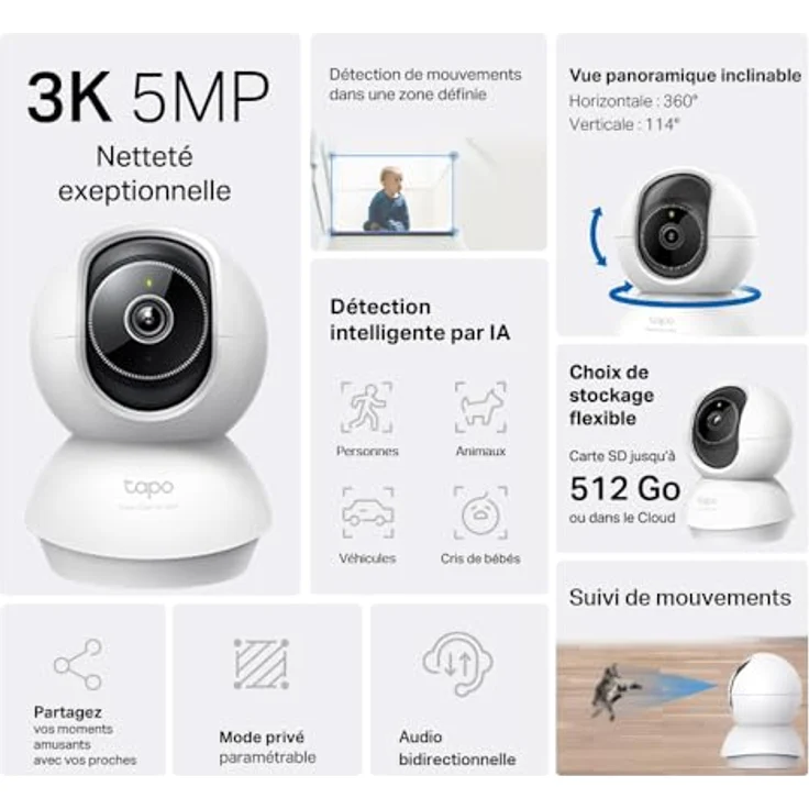 TP-Link Tapo C230, Pan/Tilt AI Home Security Wi-Fi Kamera mit 88° Blickwinkel, Weiß – Bild 3